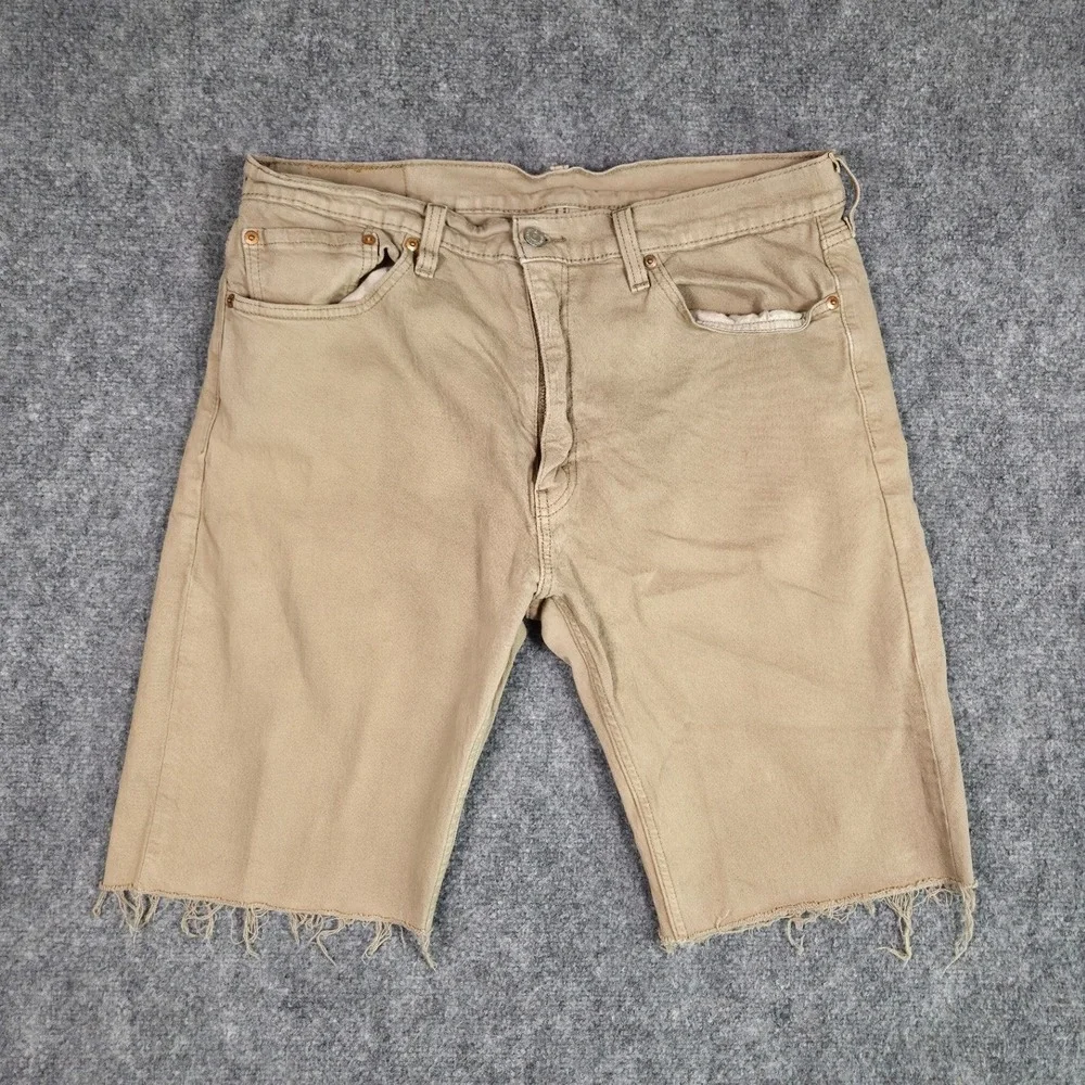 Levi's 505 Shorts Mens 36 Tan Khaki Denim Cut Off Raw Hem Regular Fit
